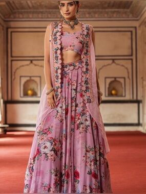 Pink Floral Lehenga Set with Embroidered Border